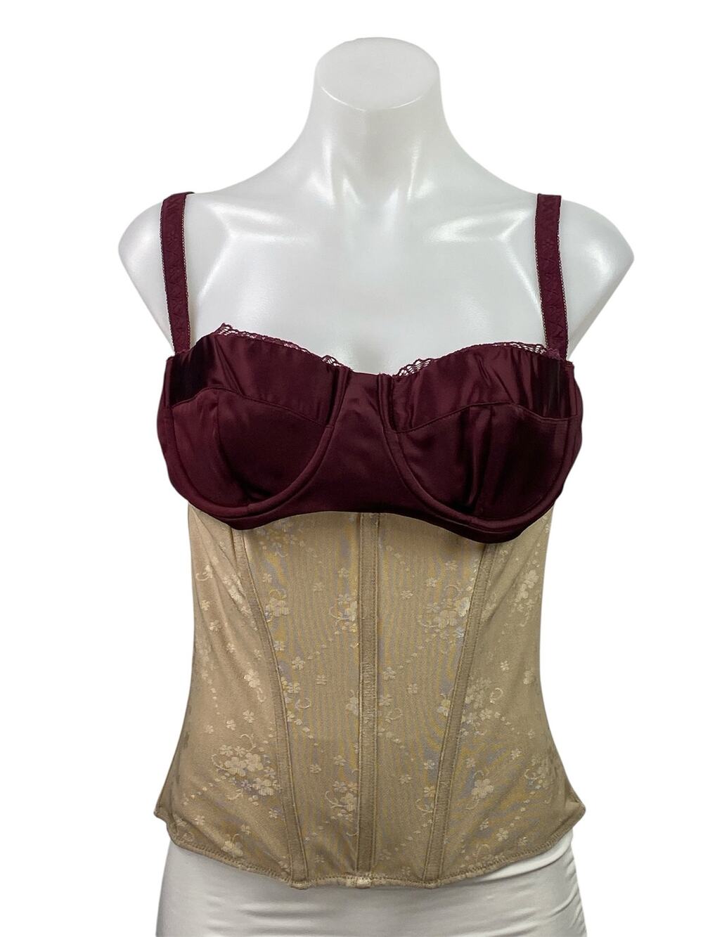 Mistress Rocks Red Beige Colorblock Underwire Floral Bustier Corset Top Size L